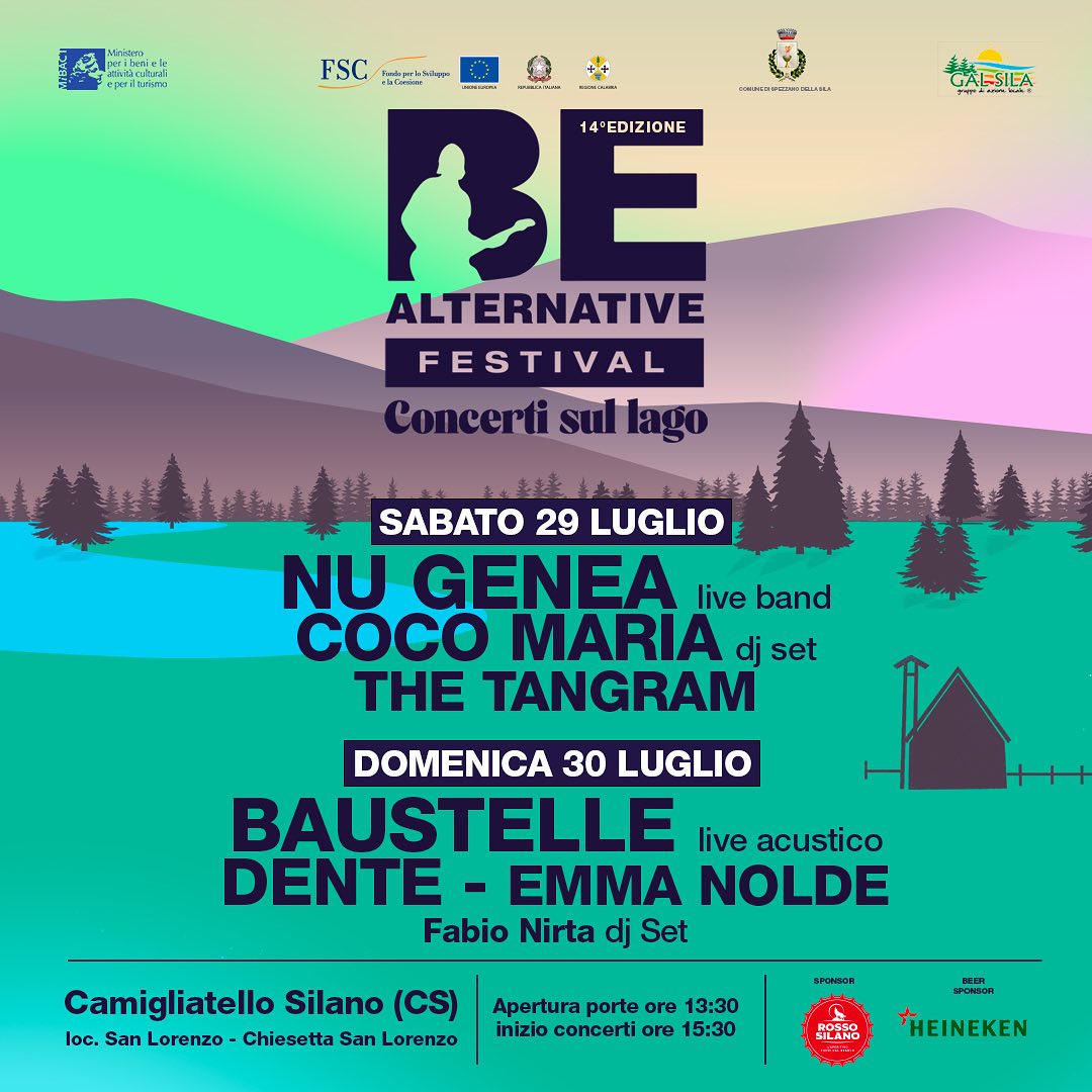 Locandina dei concerti sul lago Cecita del Be Alternative Festival, con Nu Genea e Baustelle