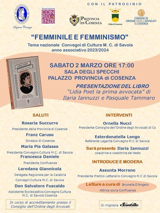 Presentazione del libro "Lidia Poet la prima avvocata" di Ilaria Iannuzzi e Pasquale Tammato, alla Sala degli Specchi della Provincia